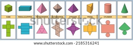 Geometric figures and surface developments: cube, pyramid, prism, cylinder, cone and other shapes. Set of vector illustrations for educational projects. Surface of three-dimensional geometric figures. Royalty-Free Stock Photo #2185316241