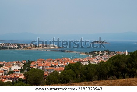 An overview of Cunda Island from above. Aegean resort town of Cunda Island, also known as Alibey Island, Greek Moschonisi in Ayvalık, Balikesir, Turkey.