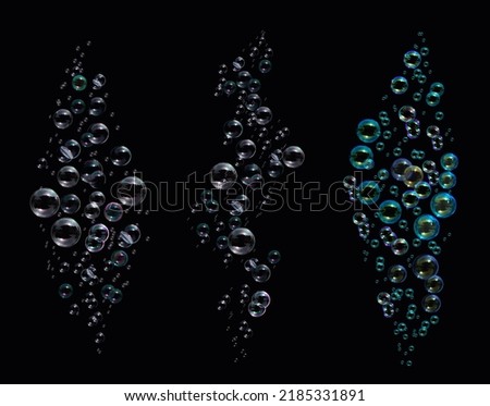Big and small bubbles (3 types), in aquarium soda pop champagne effervescent drinks. Flowing underwater air bubbles on a black background.