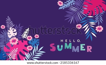 Summer concept design with  palm trees, tropical leaves and flowers Exotic modern design for web banner, poster, wall art, web site, business trevel  Vector illustration