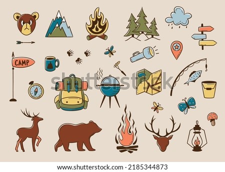 Camping and hiking colored elements. Outdoor adventure emblems. National Park icons. Forest, backpack, flags, wild animals. For Camp badges, labels, banners, brochures. Doodle vector illustration.