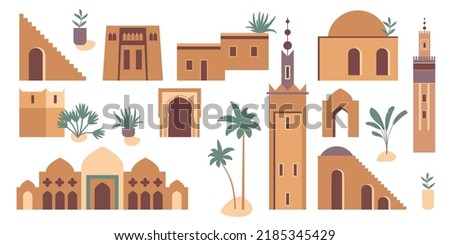 Architecture set. Morocco inspired flat illustration with mosque, tower, house, plants, palm trees. Graphic ollection of earthy colored buildings clip art. Abstract travel design template