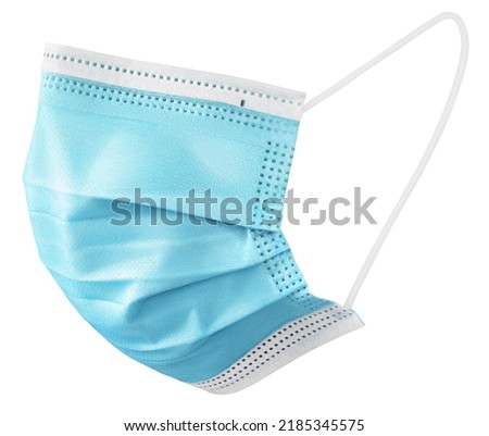 Blue medical protective face or surgical earloop mask isolated on white background with clipping path. Monkeypox outbreak prevention. Side view