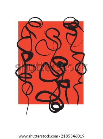 Simple Abstract Minimalist Vector Illustration with Black Hand drawn Swirls in a Red Frame isolated on a White Background. Modern Art ideal for Poster, Card, Wall Art, Decoration. Abstract Serpentine.