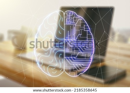 Creative artificial Intelligence concept with human brain sketch and modern desktop with pc on background. Double exposure
