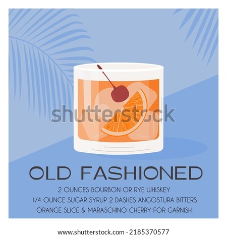 Old Fashioned Cocktail in glass with ice garnished with orange slice and maraschino cherry. Whiskey Sour summer aperitif tropical poster. Minimalistic trendy print with alcoholic beverage. Vector. Royalty-Free Stock Photo #2185370577