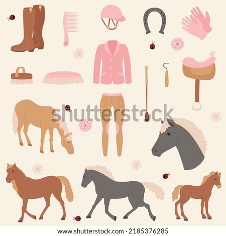 Horse riding sport clip art collection. Horses and equipment. Vector illustration.