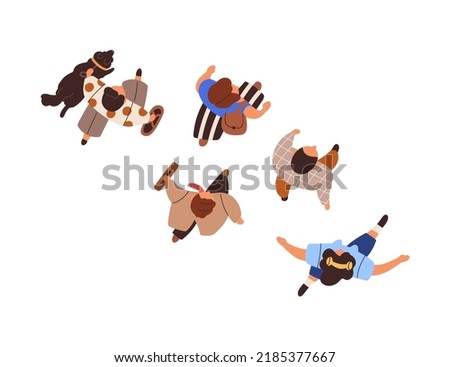 Overhead people going on different businesses. Top view of human characters walking, moving outdoors on street. Citizens, passers from above. Flat vector illustration isolated on white background Royalty-Free Stock Photo #2185377667