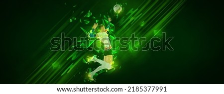 Collage with image of female volleyball player playing volleyball isolated on dark green background with neoned polygonal elements. Concept of art, creativity, sport, energy and power. Banner, flyer