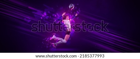 Collage with image of female volleyball player playing volleyball isolated on dark background with neoned elements. Concept of art, creativity, sport, energy and power. Horizontal banner, flyer Royalty-Free Stock Photo #2185377993