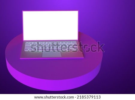 Laptop white screen. Mockup computer. Visualization of laptop on purple. Laptop for software demonstration. Space for software on screen. Mockup gadget. IT template for advertising. 3d rendering.