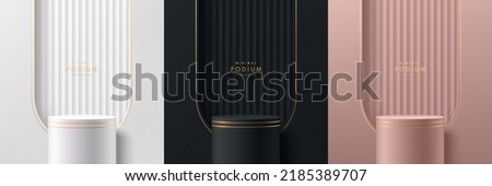 Set of 3D background with stand podium. Black, gold, silver, pink gold with luxury arch shape scene. Abstract minimal wall scene for mockup products display. Vector round stage Showcase. Black friday. Royalty-Free Stock Photo #2185389707