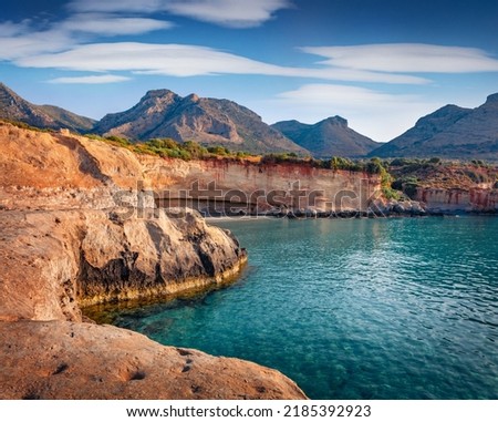 Sunny summer view of popular tourist destination - Geopark of Agios Nikolaos, also known as Petrified Forest. Nice morning scene of Peloponnese, Greece, Europe. Beauty of nature concept background.
