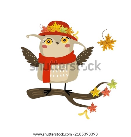 Cute owl in autumn. Funny bird in hat and warm scarf on a maple tree branch with fall leaves. Happy cartoon character, hand drawn vector illustration, flat design, idea for print on kids cards, etc. 
