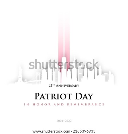 911 Patriot Day, New York skyline. NYC card design in origami style. 2 red stripes in form of twin towers. Design template for background, banner, card. 21 th Anniversary 2001-2022.  Royalty-Free Stock Photo #2185396933