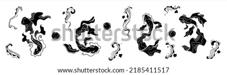Japanese fish abstract vector design silhouette. Fish  seaweed. Water bubble hand drawn.Waves decoration  black silhouette.