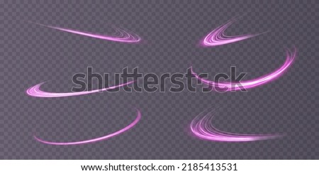 Abstract light lines of movement and speed with purple color sparkles. Light everyday glowing effect. semicircular wave, light trail curve swirl, car headlights, incandescent optical fiber png.
 Royalty-Free Stock Photo #2185413531