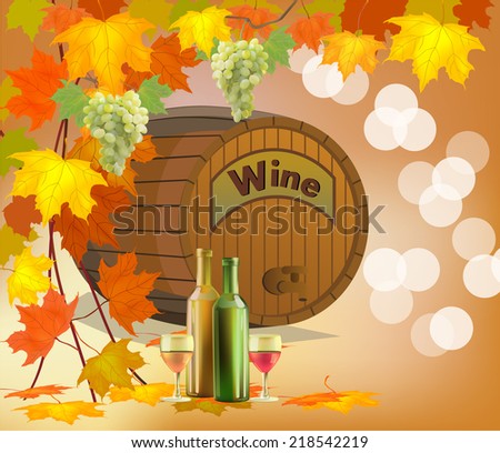 Banner with a barrel of wine in bottles and glasses
