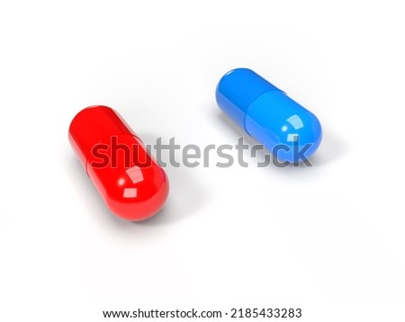 Red and blue pill. A metaphor of two different alternatives. 3D illustration