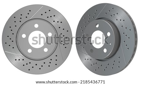 Car brake disc isolated on white background. Auto spare parts. Perforated brake disc rotor isolated on white. Braking ventilated discs. Quality spare parts for car service or maintenance Royalty-Free Stock Photo #2185436771