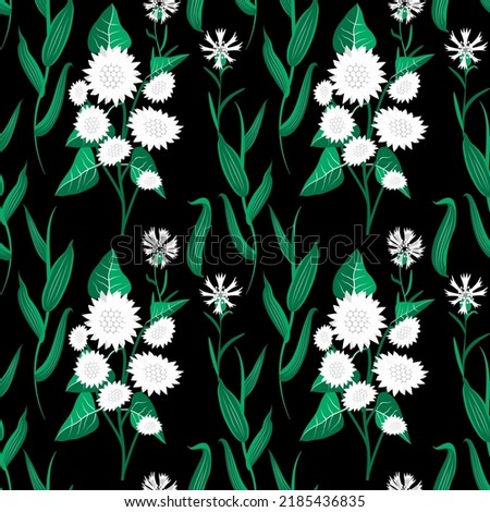 Vector - summer meadow seamless pattern with leaves, sunflowers and cornflowers.