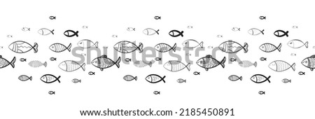 Hand drawn fishes seamless pattern. Sketched fish background, doodle sea tile, drawing fishing symbols, ocean fish vector illustration