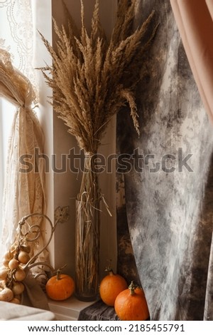 Autumn interior in a photo studio, with pumpkins and dry grass.