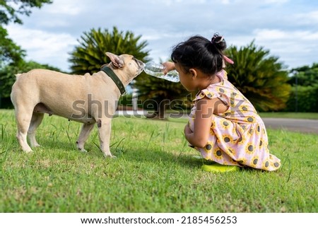 Girl gives her dog fresh water at field. Dog drinking water outdoor.