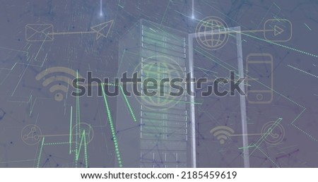 Image of data processing and media icons over server. Global business and digital interface concept digitally generated image