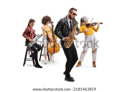 Music band consisting of female musicians on cello, violin and keytar and a man with a saxophone isolated on white background