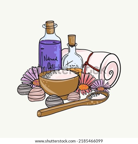 Spa products set vector illustration with natural oil bottle, flowers, towel, massage stones and bath salt. Massage therapy essentials. Hand drawn art.