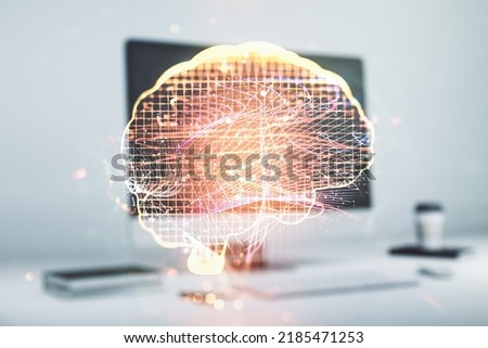 Double exposure of creative artificial Intelligence symbol with modern laptop on background. Neural networks and machine learning concept