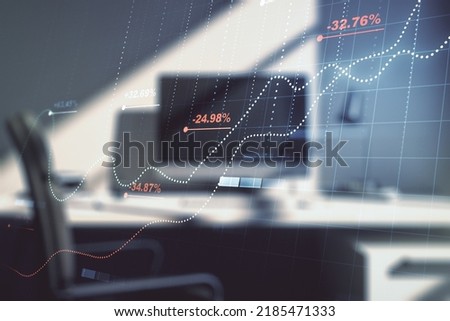 Double exposure of abstract creative statistics data hologram and modern desktop with laptop on background, statistics and analytics concept
