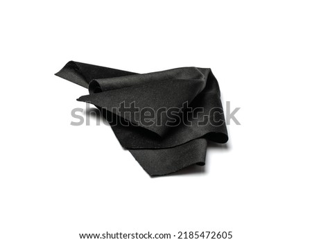 Black cleaning cloth isolated. Glasses wipe rag, lens cleaning microfiber clothes, wiping cotton napkin, microfibre fabric for cleanliness, screen cloths on white background top view