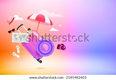 Summer travel  objects with Levitation effect. 3d vector banner with copy space Royalty-Free Stock Photo #2185482603