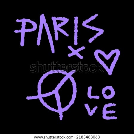 Modern street art graffiti, with peace symbol, Paris typography, love. Artwork for street wear, t shirt, posters, bomber jackets, hoodie, patchworks, enamel pins; for clothes.