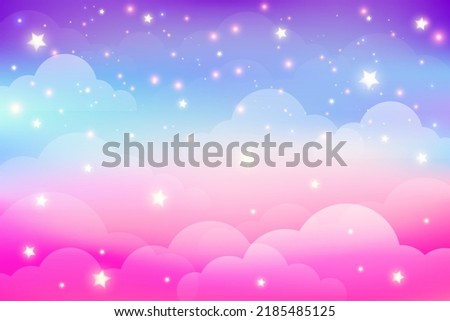 Rainbow unicorn background with clouds and stars. Pastel color sky. Magical landscape, abstract fabulous pattern. Cute candy wallpaper. Vector. Royalty-Free Stock Photo #2185485125