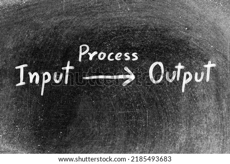 White chalk hand writing in flow of input and output with process on blackboard background Royalty-Free Stock Photo #2185493683