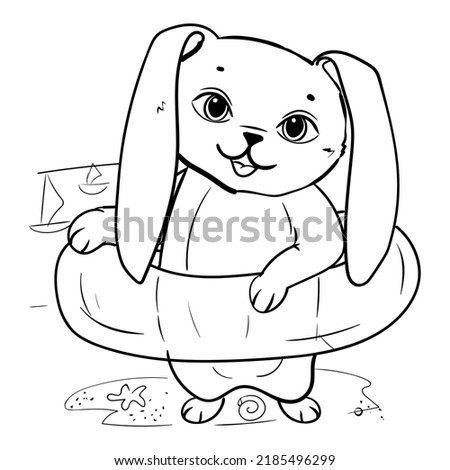 Bunny on the beach. Inflatable circle for swimming. Summer entertainment. Coloring book for children. Vector illustration isolated on white background.