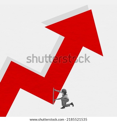 World economic crisis. Young man measures huge red arrow as indicator of increase in prices for goods, products and services. Concept of business, analytics, finance