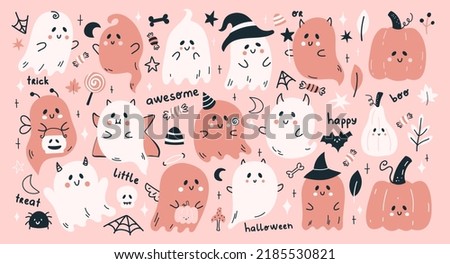 Cute Halloween vector set pattern with cartoon ghosts, pumpkins and more funny elements. Hand drawn Halloween lettering quotes.