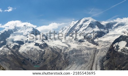 View from Gornergrat to Dufourspitze and Monte Rosa Glacier, Wallis, Switzerland. Summer mountain landscape. Royalty-Free Stock Photo #2185543695