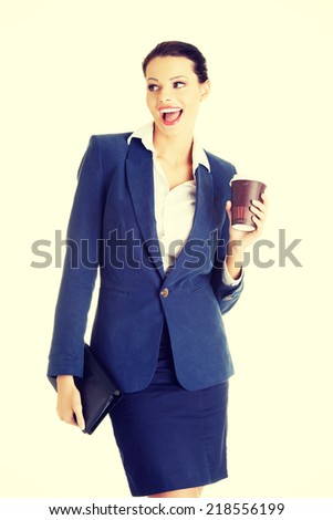 Business woman with cartoon mug - coffee time