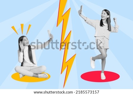 Composite collage image of two kid girls black white gamma use telephone chatting video call drawing energy lightning