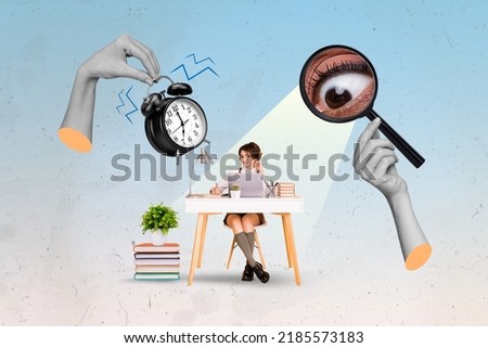 Collage 3d image of pinup pop retro sketch of eye peek lady writing exam isolated painting background
