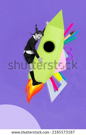 Vertical creative collage picture of excited crazy small girl black white effect hold flying pencil case rocket isolated on purple drawing background