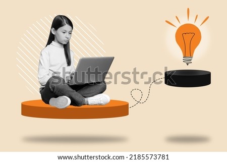 Composite collage of intelligent smart girl black white colors sitting use wireless netbook painted light bulb bright mind concept