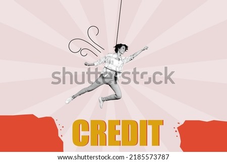 Creative collage illustration of excited crazy girl black white colors fly rope above cliff avoid credit text isolated on painted background