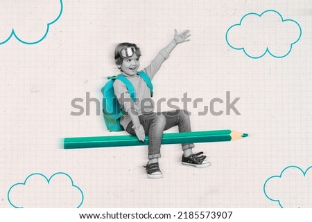 Poster banner collage of small kid child flying pencil backpack aircraft trip on notebook page pattern background