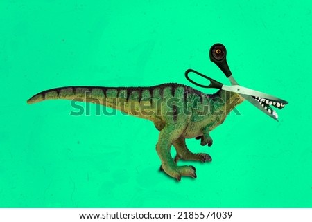 Collage illustration of dinosaur big scissors instead head isolated on creative drawing green background